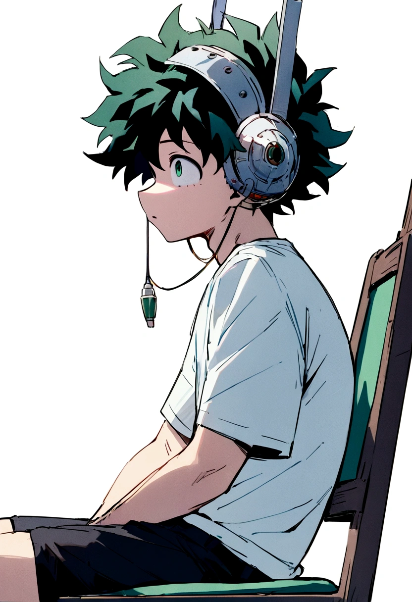 (masterpiece, best quality:1.2), solo, male focus, 1boy, midoriya izuku, short green hair, green eyes, white t-shirt, black shorts, domed helmet with visor covering eyes, mind control device, blank expression in eyes, eyes staring straight forward, mouth hanging open, sitting in chair, view from side angle, anime style, my hero academia style