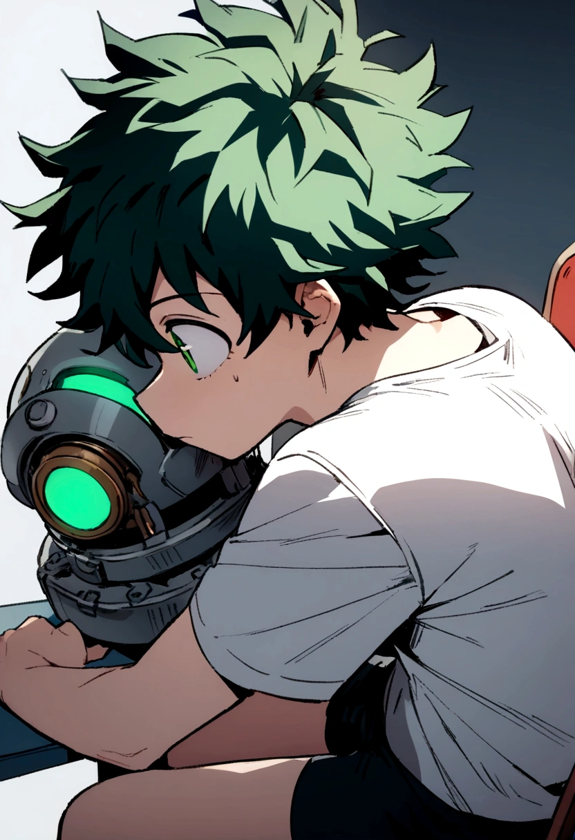 (masterpiece, best quality:1.2), solo, male focus, 1boy, midoriya izuku, short green hair, green eyes, white t-shirt, black shorts, domed helmet with visor covering eyes, mind control device, blank expression in eyes, eyes staring straight forward, mouth hanging open, sitting in chair, view from side angle, anime style, my hero academia style