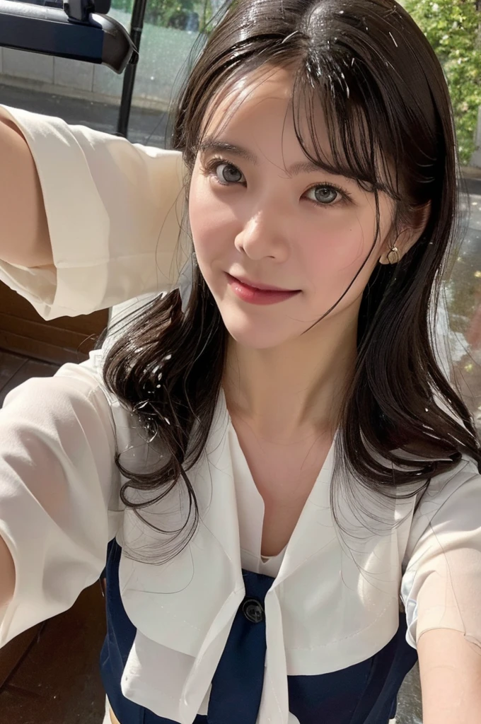nsfw, ((being hit by pouring rain, getting soaked, wet hair, wet skin, wet and see-through clothes, high school girl in sailor uniform)),(selfie shot:2), (Close Up: chest:1.5),(from above:1.5),(flat chest:1.3), cloudy day, Top quality, 1 beautiful Japanese woman, teen,high school student,(18 years old),medium hair, (brown hair:1.2), Ultra-realistic capture, Highly detailed, High resolution 16k close-up of human skin. Skin texture must be natural, With such detail that pores can be finely identified. Skin should look healthy, In a uniform tone. Use natural light and color,