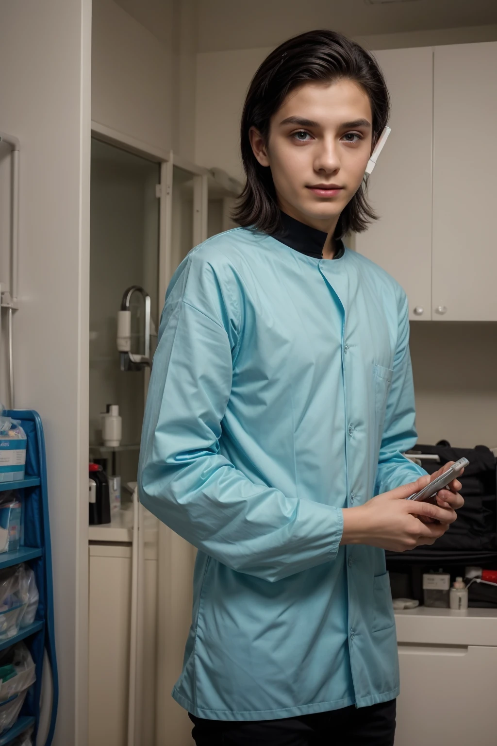 A young beautiful doctor, a cute twink, a male doctor with a make-up face, wearing a long-sleeved aquamarine shirt and black jeans, and he is in the surgical operating room, looking proudly with black hair and holding medical tools for surgery in his hands.