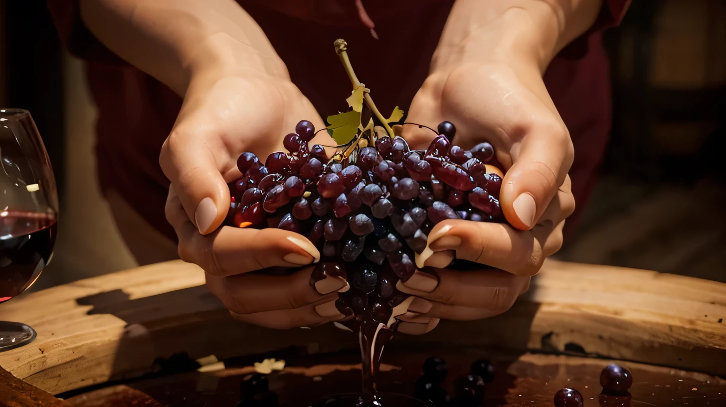The image represents delicious grapes being crushed by human hands to make wine. In the image you can see how the wine spills into a glass.