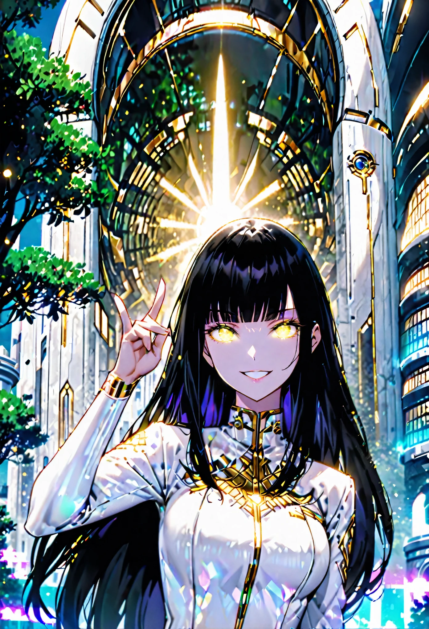 holographic woman, long black hair, straight hair, straight bangs, glowing hair, glowing eyes:0.5, mature, white chiton business suit, gentle smile, gleaming eyes, gold jewelry, futuristic architecture, happy, arcology, trees, wink, finger up, playful