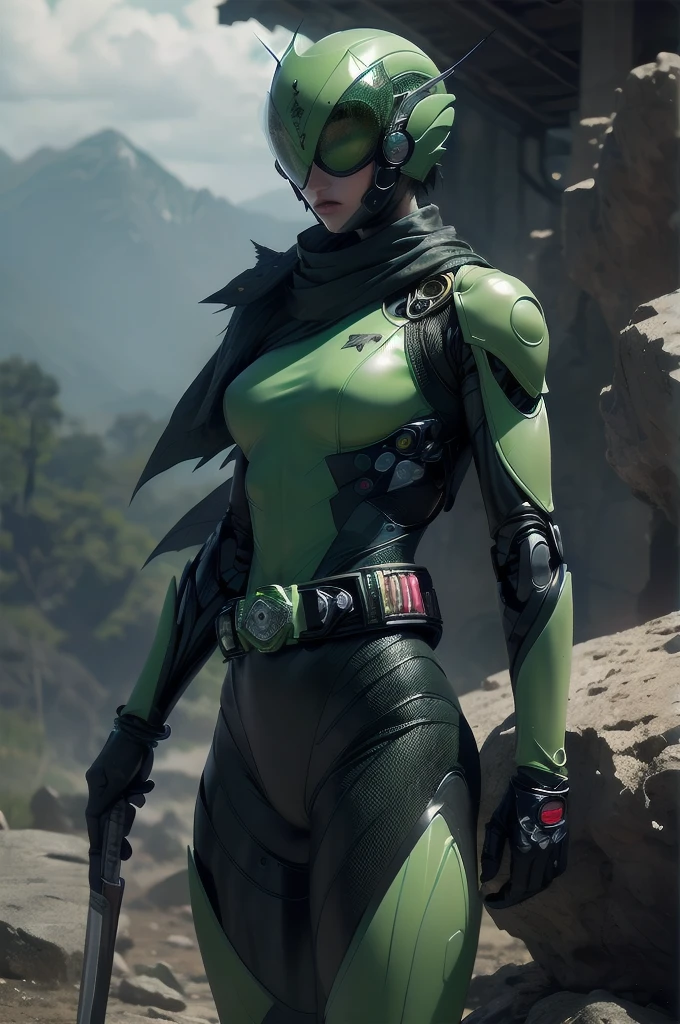(Rocky wasteland [quarry],Dark Green Kamen Rider Girl 19 years old (Skinny) [praying mantis] (Round compound eyes Clear green),(Black leather suit [Muscle-fitted black protector]) (Bionic Belt [Shiny belt buckle])  [(Translucent scarf [Thin wings]) sense of touch,spines,tusk,the scythe,Multi-arm],[biotechnology,giger].