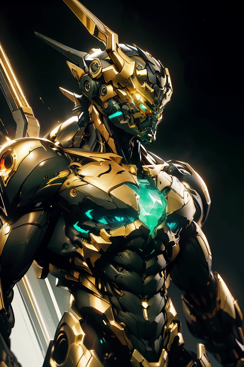 An epic, anamorphic trompe l'oeil sci-fi render of a mountain goat bio-transpicuous anthropomorphic humanoid with an illuminated hieroglyphic barcode tattoo extended across his chest. The tattoo blends seamlessly with his skin, creating a surreal and dynamic effect. The facial expression is still and wise, with deep, piercing metal gold eyes. The background is a simple, full spectrum infrared prism on matte black painted wall., illustration, 3d render