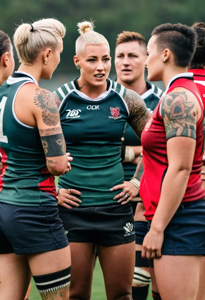 Muscular blonde female rugby player with a buzz cut and lots of tattoos and piercings talking to her teammates on the field
