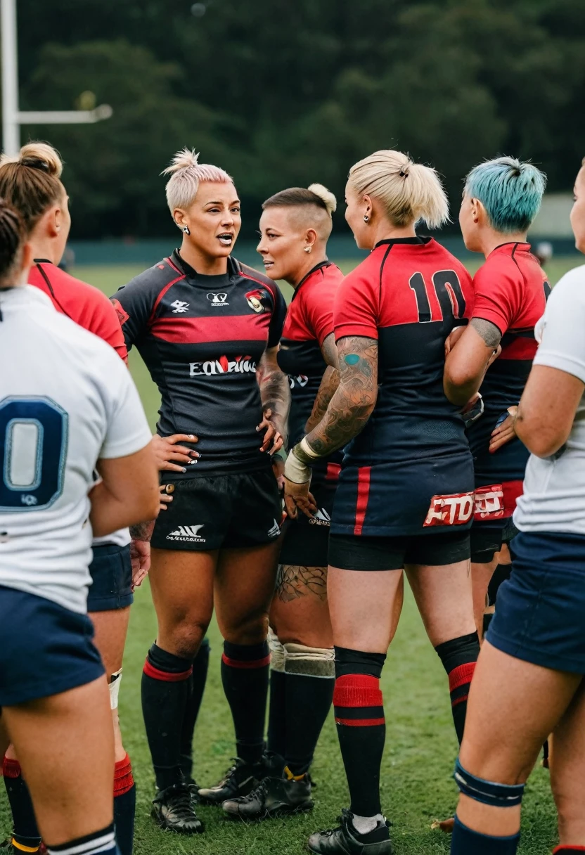 Muscular blonde female rugby player with a buzz cut and lots of tattoos and piercings talking to her teammates on the field 