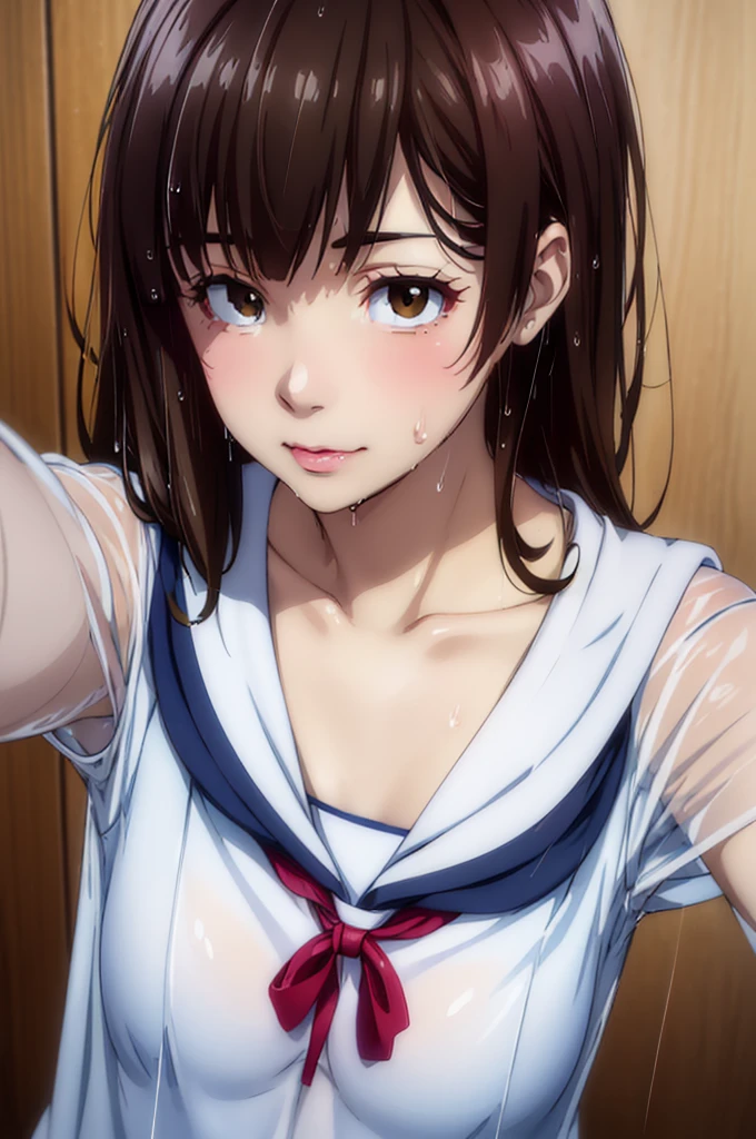 nsfw, ((being hit by pouring rain, getting soaked, wet hair, wet skin, wet and see-through clothes, high school girl in sailor uniform)),(selfie shot:2), (Close Up: chest:1.5),(from above:1.5),(flat chest:1.3), cloudy day, Top quality, 1 beautiful Japanese woman, teen,high school student,(18 years old),medium hair, (brown hair:1.2), Ultra-realistic capture, Highly detailed, High resolution 16k close-up of human skin. Skin texture must be natural, With such detail that pores can be finely identified. Skin should look healthy, In a uniform tone. Use natural light and color,