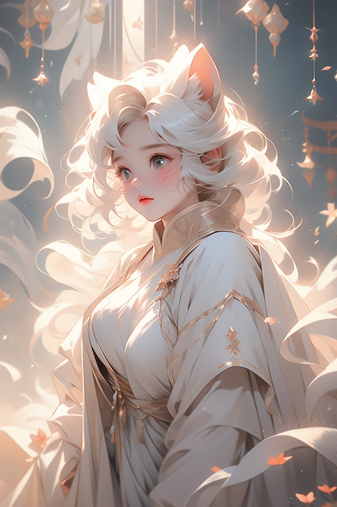 1girl, cat girl, short white hair, ethereal, white ears, looking up, shy, timid, voluptuous