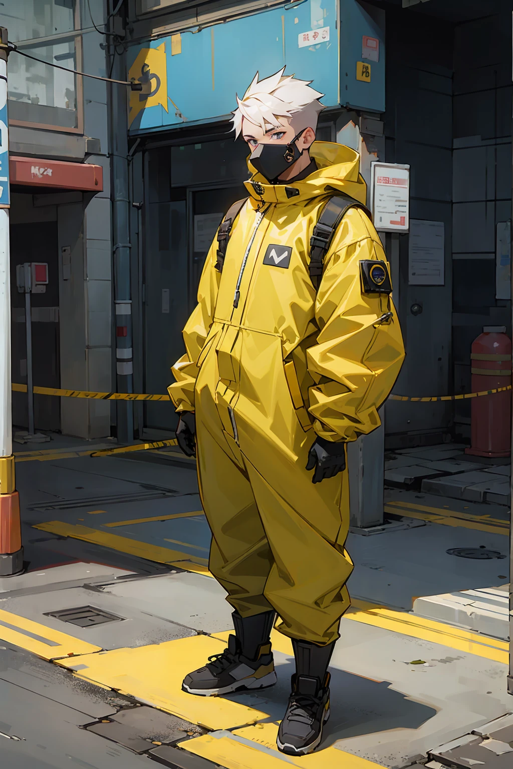 1male , Hazmat Suit , Undercut Hair , Messy Hair , Ruined City Background , Standing on sidewalk