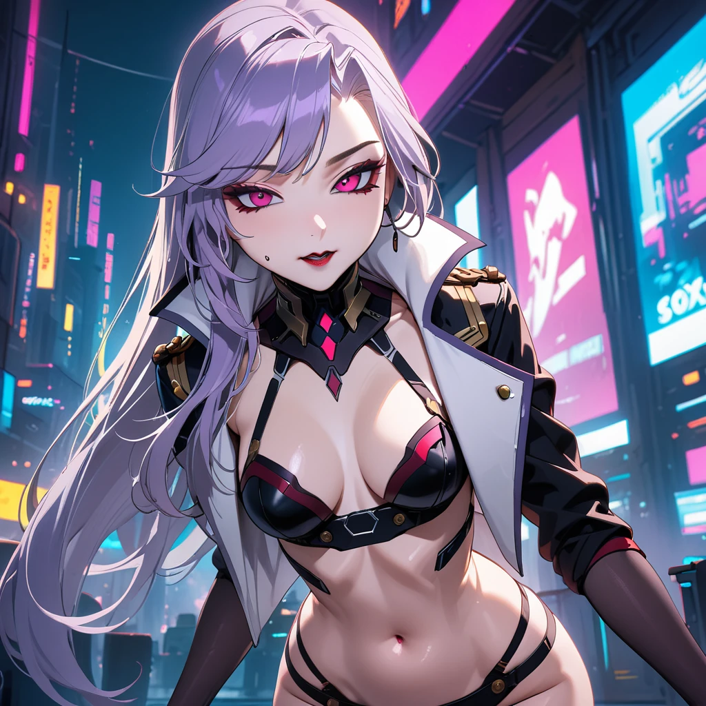 (masterpiece, best quality:1.2), 1girl, solo, Sonata, sexy cyberpunk vampire, purple hair