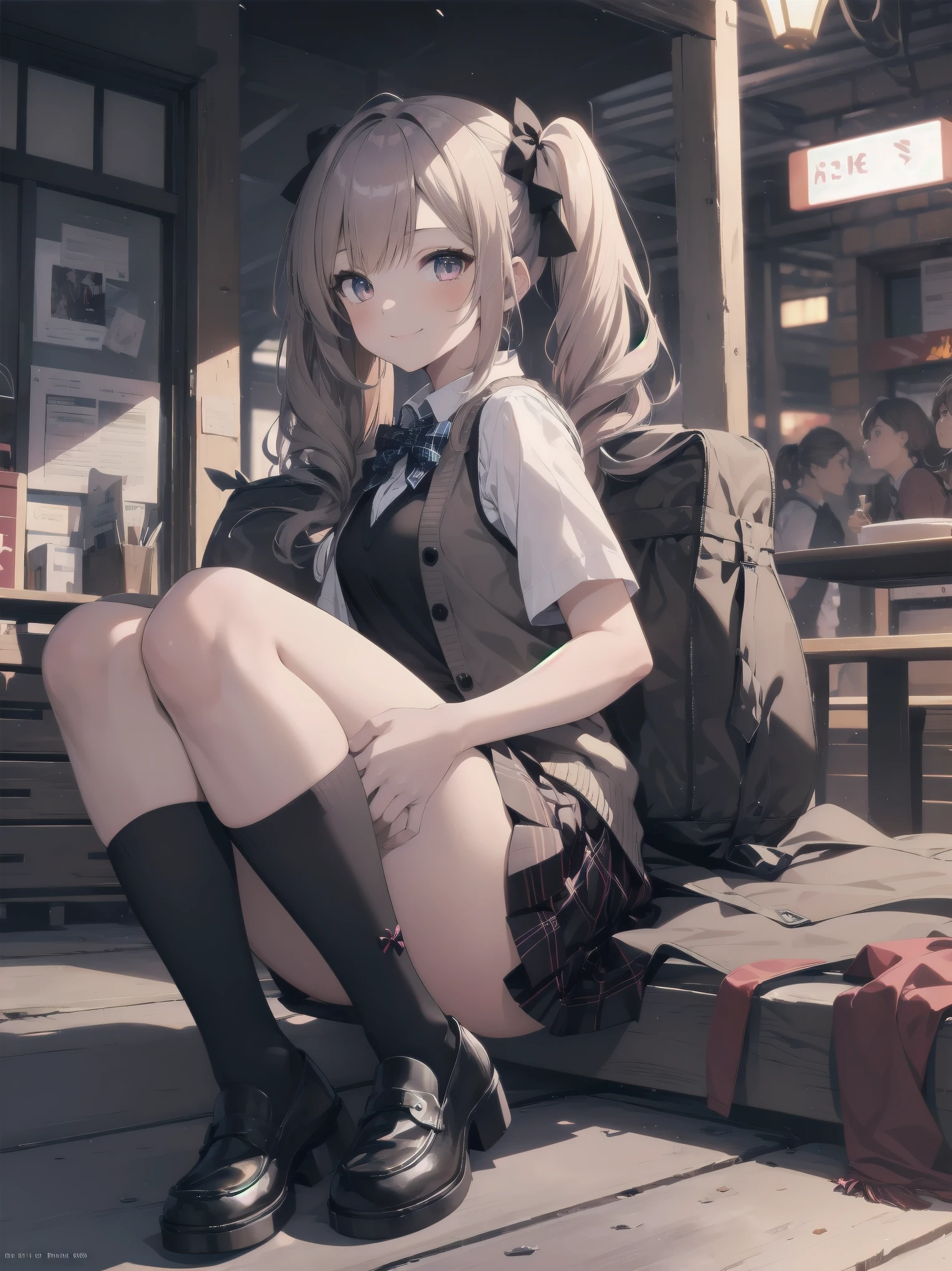 absurdres, absolutely resolution, incredibly absurdres, highres, ultra detailed, official art, unity 8k wallpaper,
BREAK
1 girl, soro, twintails, bow, cardigan vest, short sleeve shirt, plaid skirt, over black legwear, loafers, smile, Sexual girl, seducing men, colourful, bewitching eyes,