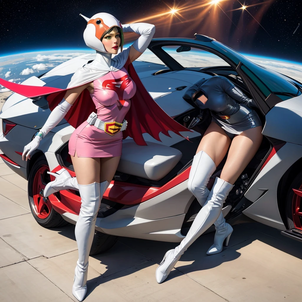 ANI_CLASSIC_jun_gatchaman_ownwaifu,1girl, 15yo,good anatomy, masterpiece, best quality,realistic, hyperrealistic, 16k hdr, long hair,breasts,green eyes,lips,large breasts,lipstick,makeup,gloves,cape,helmet,belt,elbow gloves,white gloves,mask,ultra miniskirt,leotard,spacesuit,white tight overknee highheels boots,pink dress,superhero,bodysuit,cleavage,erected nipples,(sexy pose,front view),(spread legs:1.1),cameltoe