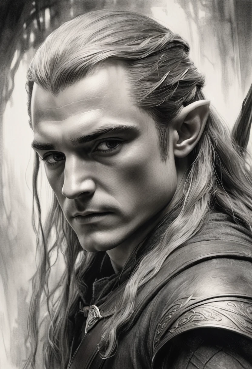 stunning black and white graphite sketch of Legolas, up close shot, from The Lord Of The Rings trilogy, in dynamic pose, by Anna Razumovskay, (by Alyssa Monks:1.1), by Joseph Lorusso, by Lilia Alvarado, beautiful lighting, sharp focus, 8k, high res, (pores:0.1), (sweaty:0.8), Masterpiece, Nikon Z9, Award - winning photograph, --ar 16:9 --style raw --stylize 750 --niji 6, perfect composition, beautiful detailed intricate insanely detailed octane render trending on artstation, 8 k artistic photography, photorealistic concept art, soft natural volumetric cinematic perfect, wide angle view