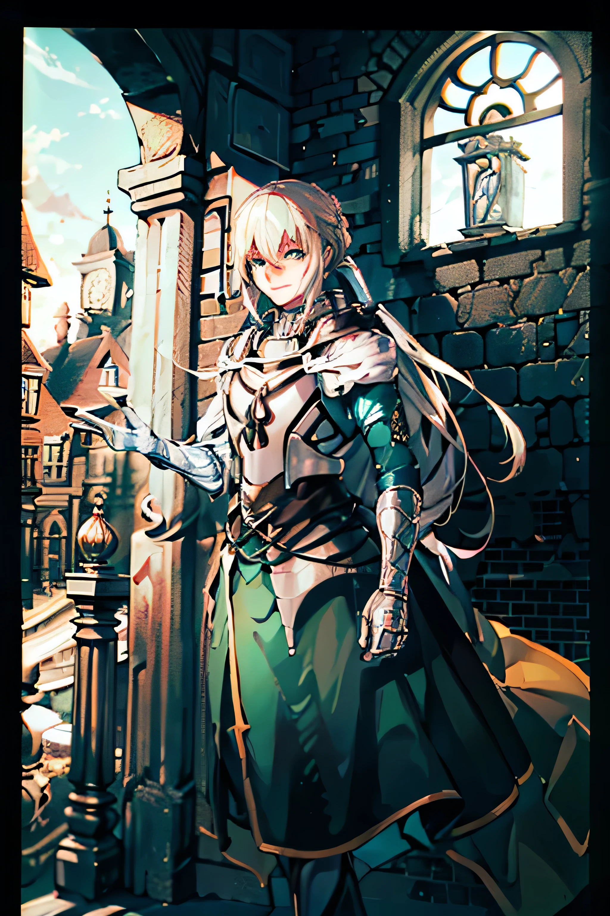 ((masterpiece)), (((HDR))), ((best quality)), (ultra high quality), uhd, (hi-res), ((absurdres)), ((1boy)), (bedivere (fate)), (aqua eyes), blond hair, low twintails,, looking at viewer, (small smile), ((dynamic)), in a medieval city, medieval buildings, outside, cobblestone street, day time, additional lighting, sunlight, 