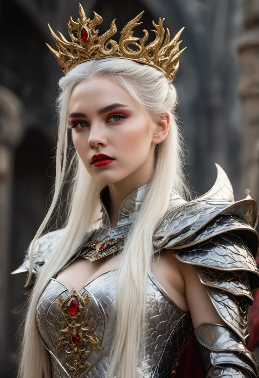 A young 19 year old girl with long white hair and light violet eyes, pale white skin, has her hair in a mini updo with a golden crown with rubies, natural red lips with a small smile, thick bushy white eyebrows and long white eyelashes, stunningly beautiful, wearing a black dress with red and gold embroidered dragons, deep neckline, 170cm tall, standing on an 8 step high platform, behind her is a 190cm tall man with a muscular military-like build, white hair and dark violet eyes, thick white eyebrows, serious expression, wearing golden and silver armor with red and black dragons on the chest, one hand on the woman's waist and the other on the hilt of a sword on his belt, behind them is an iron throne with swords embedded all over, two dragons (one black, one red) behind the throne, and many people kneeling with heads bowed in front of the platform.

(best quality,4k,8k,highres,masterpiece:1.2),ultra-detailed,(realistic,photorealistic,photo-realistic:1.37),beautiful detailed eyes,beautiful detailed lips,extremely detailed eyes and face,longeyelashes,1girl,1man,fantasy portrait,elegant dress,dragon armor,iron throne,kneeling people,dramatic lighting,warm color palette,dramatic shadows,intricate details