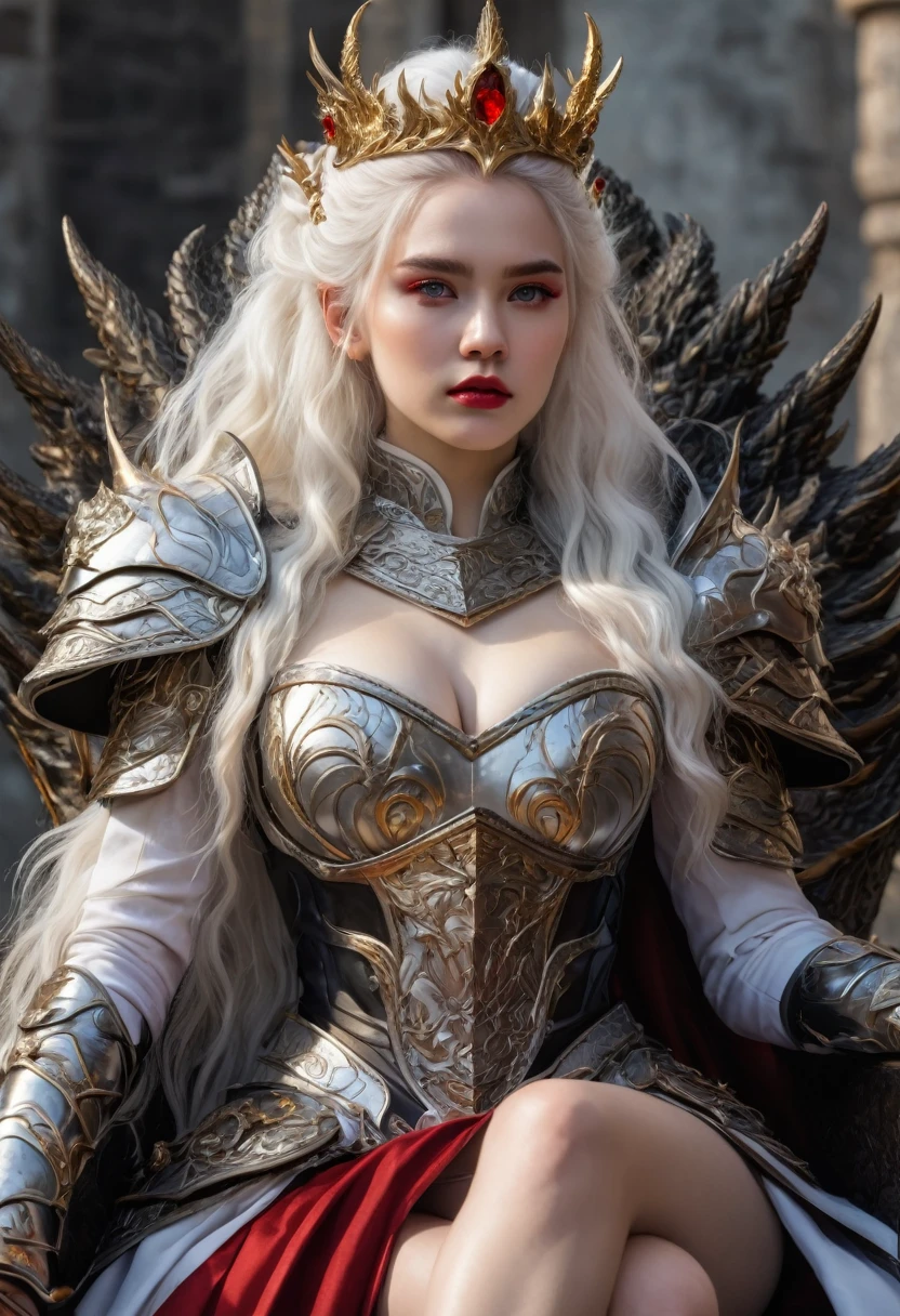 A young 19 year old girl with long white hair and light violet eyes, pale white skin, has her hair in a mini updo with a golden crown with rubies, natural red lips with a small smile, thick bushy white eyebrows and long white eyelashes, stunningly beautiful, wearing a black dress with red and gold embroidered dragons, deep neckline, 170cm tall, standing on an 8 step high platform, behind her is a 190cm tall man with a muscular military-like build, white hair and dark violet eyes, thick white eyebrows, serious expression, wearing golden and silver armor with red and black dragons on the chest, one hand on the woman's waist and the other on the hilt of a sword on his belt, behind them is an iron throne with swords embedded all over, two dragons (one black, one red) behind the throne, and many people kneeling with heads bowed in front of the platform.
(best quality,4k,8k,highres,masterpiece:1.2),ultra-detailed,(realistic,photorealistic,photo-realistic:1.37),beautiful detailed eyes,beautiful detailed lips,extremely detailed eyes and face,longeyelashes,1girl,1man,fantasy portrait,elegant dress,dragon armor,iron throne,kneeling people,dramatic lighting,warm color palette,dramatic shadows,intricate details