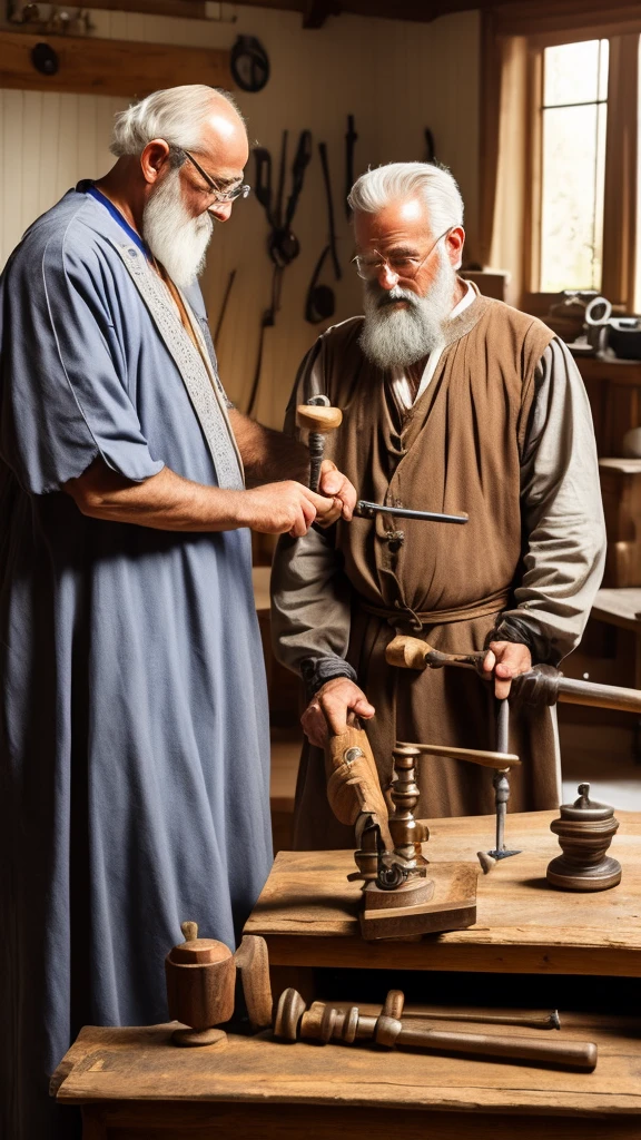Local: Interior of a medieval doctor&#39;s office, with natural light coming in through a small window. The furniture is rustic and simple, composed of a wooden table, some chairs and shelves with books and medical instruments.
Doctor: a middle aged man, with beard and gray hair. Wear a dark tunic. He is next to the wooden table, with his face scrunched up in concentration. In the right hand, he holds a tool that resembles a hand drill.
Patient: A young man, lying on wooden table. He has his eyes closed and his teeth clenched in pain.
Action: The doctor is using hand drill to make a hole in the patient&#39;s skull. The patient is holding the table arms tightly, trying to contain the pain. His face is contorted into an expression of anguish.