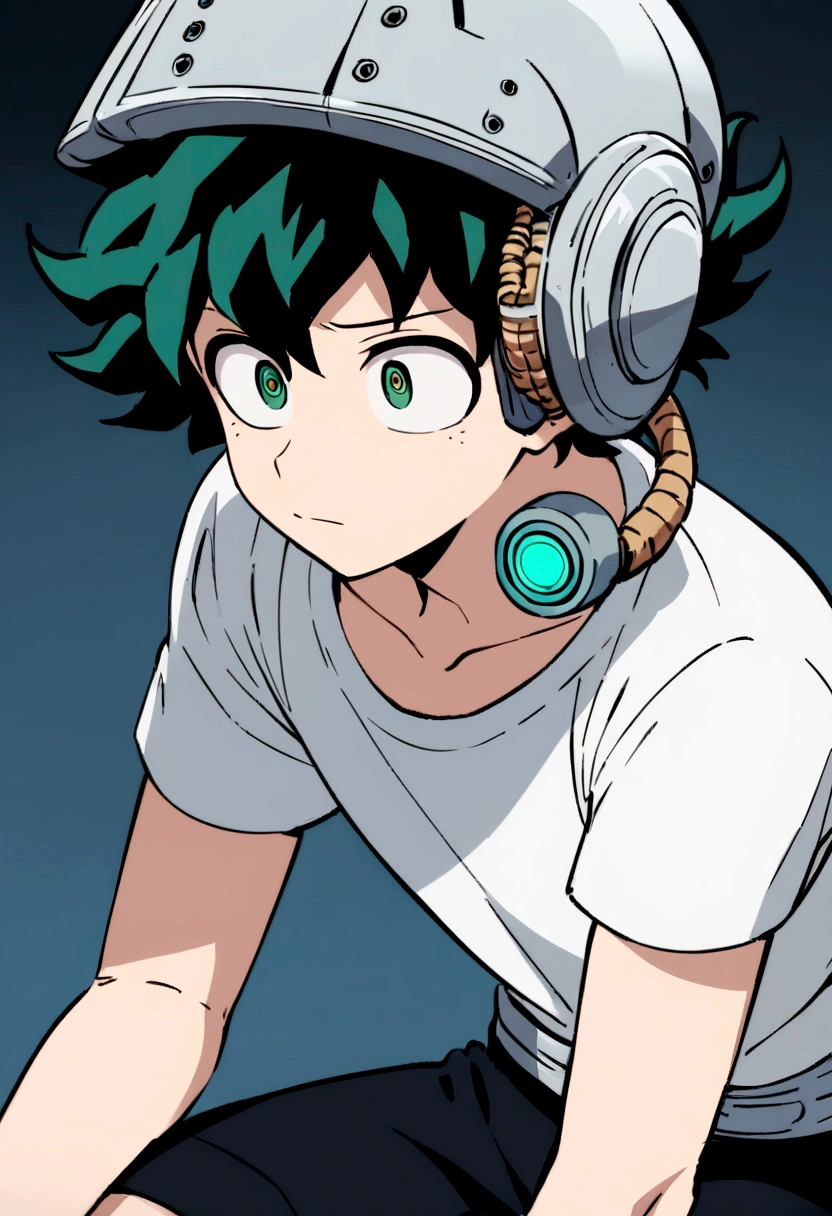 (masterpiece, best quality:1.2), solo, male focus, 1boy, midoriya izuku, short green hair, green eyes, white t-shirt, black shorts, domed helmet with visor covering eyes, mind control device, blank expression in eyes, eyes staring straight forward, mouth hanging open, sitting in chair, facing forward, anime style, my hero academia style