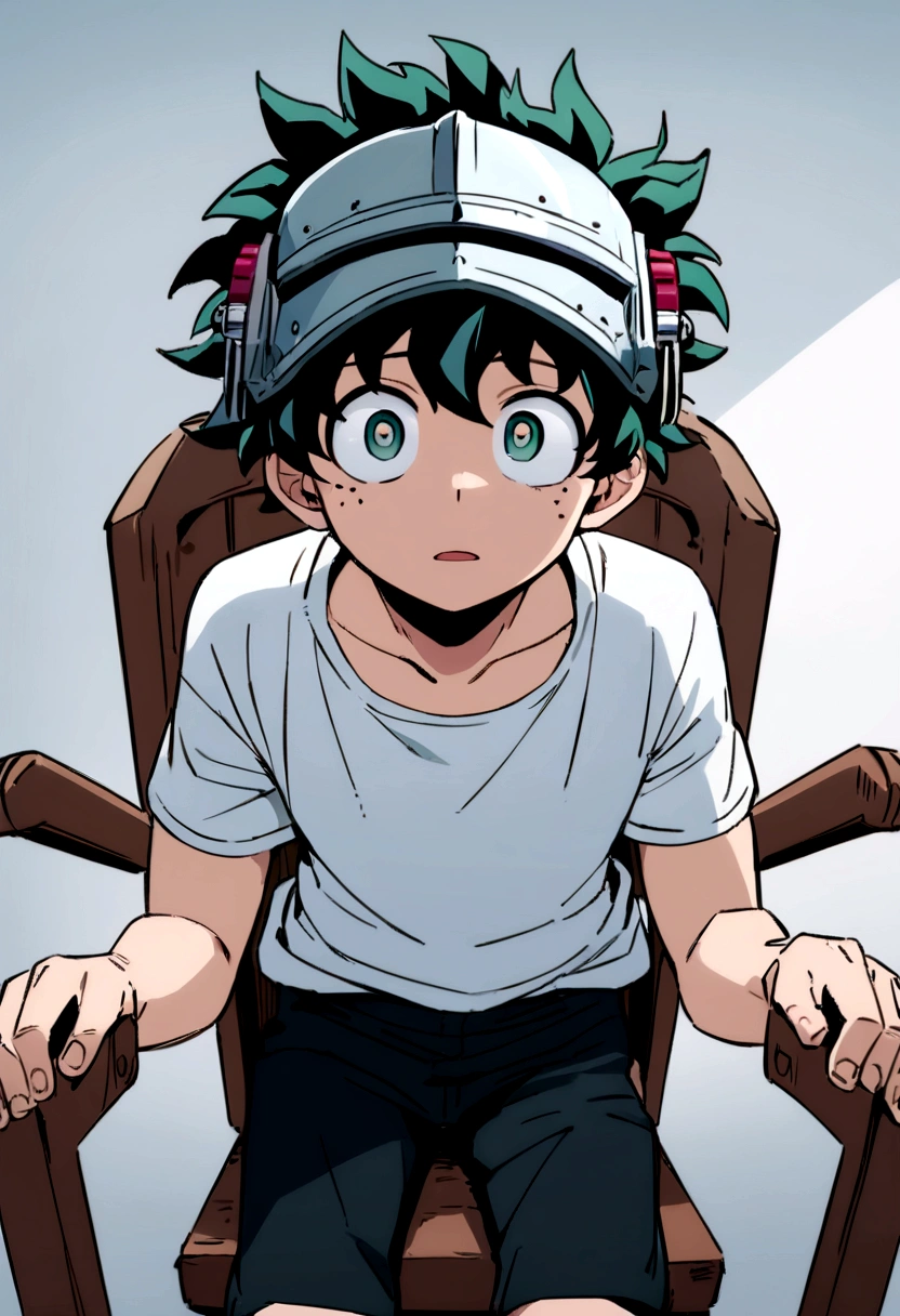 (masterpiece, best quality:1.2), solo, male focus, 1boy, midoriya izuku, short green hair, green eyes, white t-shirt, black shorts, domed helmet with visor covering eyes, mind control device, blank expression in eyes, eyes staring straight forward, mouth hanging open, sitting in chair, facing forward, anime style, my hero academia style