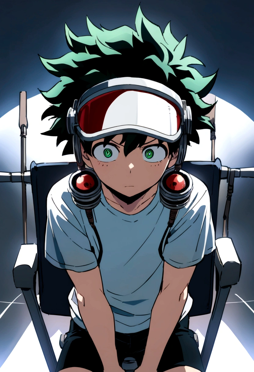 (masterpiece, best quality:1.2), solo, male focus, 1boy, midoriya izuku, short green hair, green eyes, white t-shirt, black shorts, domed helmet with visor covering eyes, mind control device, blank expression in eyes, eyes staring straight forward, mouth hanging open, sitting in chair, facing forward, anime style, my hero academia style