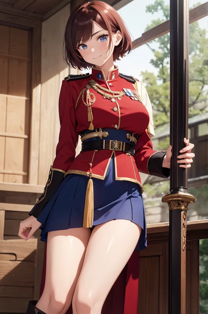 8K High Resolution、(((masterpiece)))、Anime Art、20 year old beauty、Fearless smile、Redhead short cut、167㎝、Small breasts、Blue Eyes、Imposing eyebrows、(((crimson military uniform)))、Vienna in the late 19th century、Austrian Army Officer、Silver rose ornament on chest、Beige knee-length skirt、Black boots、A Japanese sword hangs from his waist