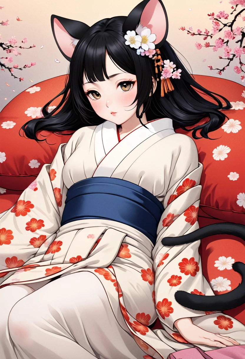 (utamaro style:1.2) , Hallucination, daydream , nightmare , Insane Dream , bokeh , erotica , romance , realistic mouse nymph and realistic cat , kimono , futon , Petals fluttering down , Single eyelids, round nose, swollen cheeks