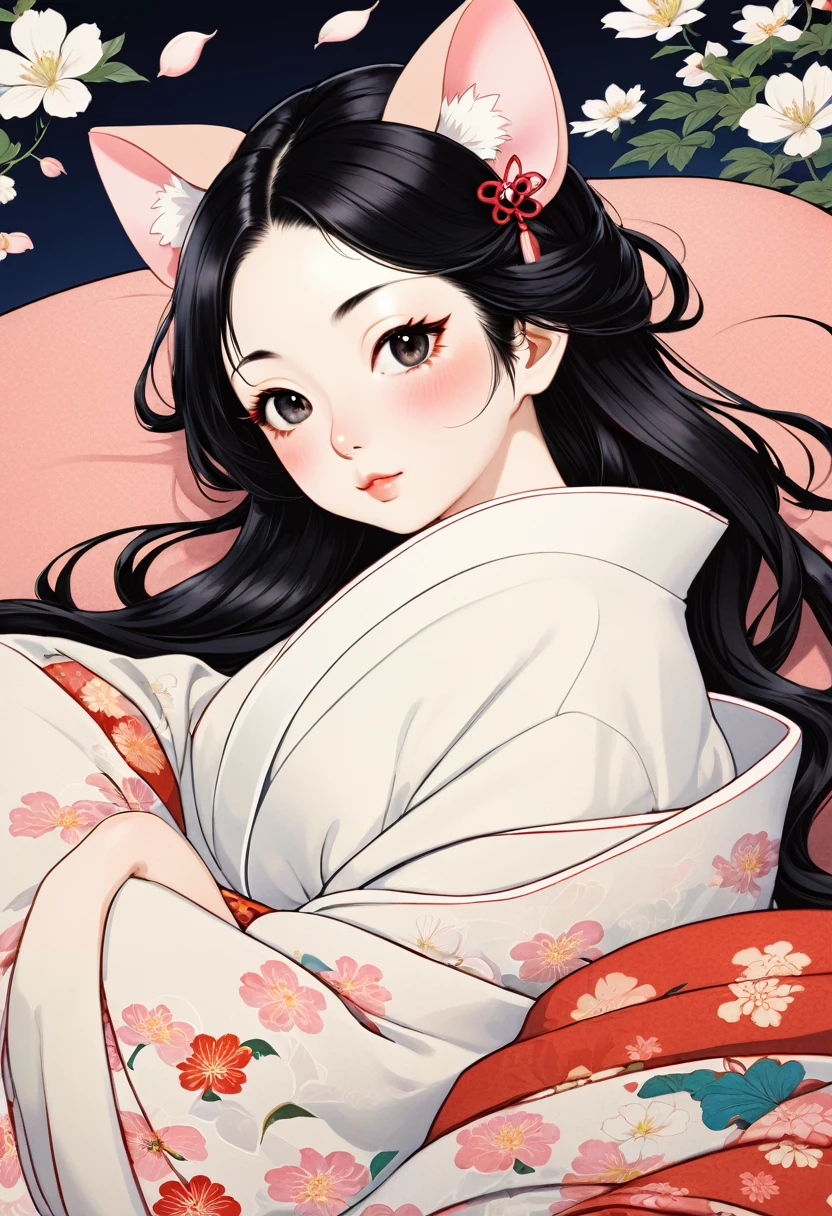 (utamaro style:1.2) , Hallucination, daydream , nightmare , Insane Dream , bokeh , erotica , romance , realistic mouse nymph and realistic cat , kimono , futon , Petals fluttering down , Single eyelids, round nose, swollen cheeks