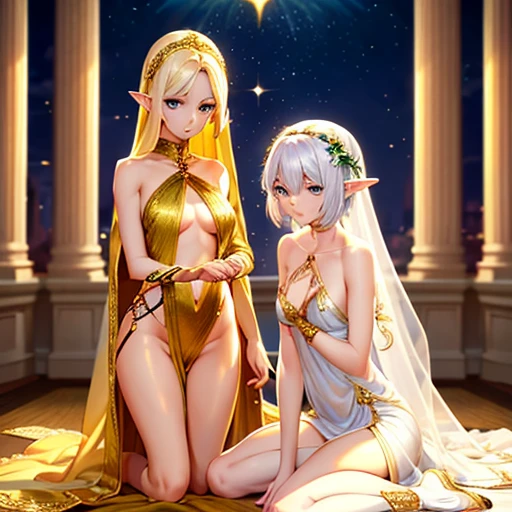 The elf is very beautiful, her body is slim and toned, His skin and hair are white with gold tones., His eyes are golden with a beautiful shine., his countenance is very attractive, her hair short but well combed, Her legs are slim and toned and her hands look very delicate both physically and mentally..