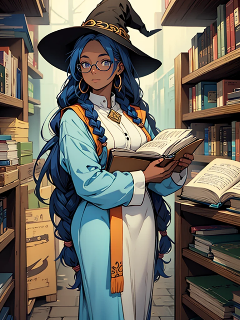 uma garota negra, with blue braids, who wears glasses, carrying books in hands, with manhwa style witch uniform 
