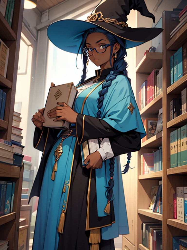 uma garota negra, with blue braids, who wears glasses, carrying books in hands, with manhwa style witch uniform