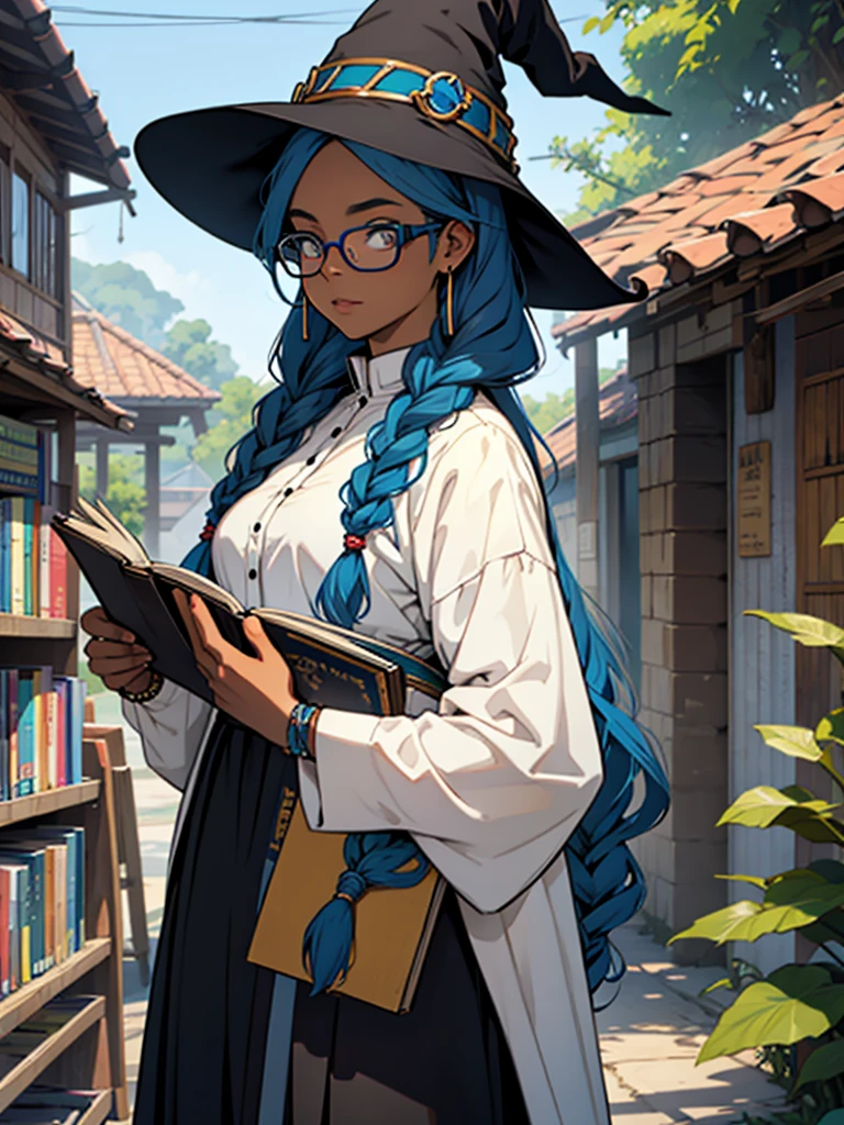 uma garota negra, with blue braids, who wears glasses, carrying books in hands, with manhwa style witch uniform