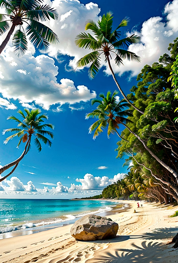 A tropical beach with palm trees and crystal clear waters.