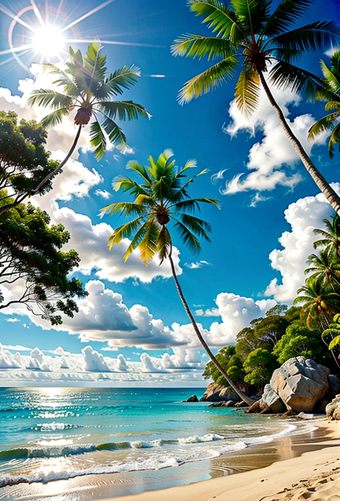 A tropical beach with palm trees and crystal clear waters.