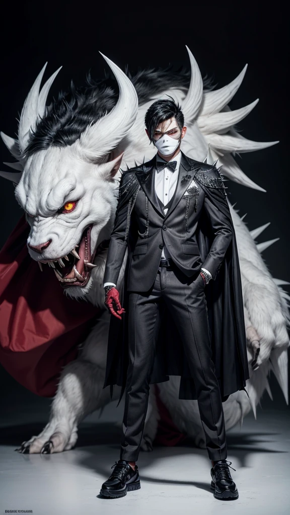 A white monster boy with spiky black hair, with a black Oni mask , wearing a black and gray suit with monster details, with a red glove on his right hand, with gray pants with black details and black sneakers, full bodied, full body view, full white background, highly detailed, with a demon Oni with cape
