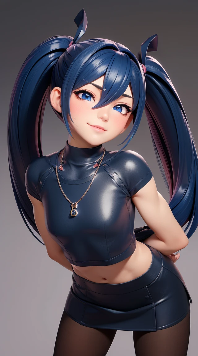 (masterpiece:1.3), (Best Quality:1.3), (Ultra-detailed:1.2), ((kawaii)), Cute, (lovely), ((sexy)), ((Extremely detailed)), 4K, (8K), Best Quality, (Beautiful), Illustration, anime style, (bold line:1.2), Gradation, looking at viewer, //, (bent down:1.1), (arms behind back), //, a cute girl, 1girl, (solo:1.2), gleaming skin, //, (flat chested), (Perfect eyes:1.2), (Perfect iris:1.2), //, darkblue hair color, (beautiful eyes) //, (half closed eyes:1.3), (sexual expression:1.2), Fascinated expression, smile, (blush:1.2), //, modern city background, on rock, twin tails, muscle girl, hard abs, exposed abs, NECKLACE, tight blouse, skirt