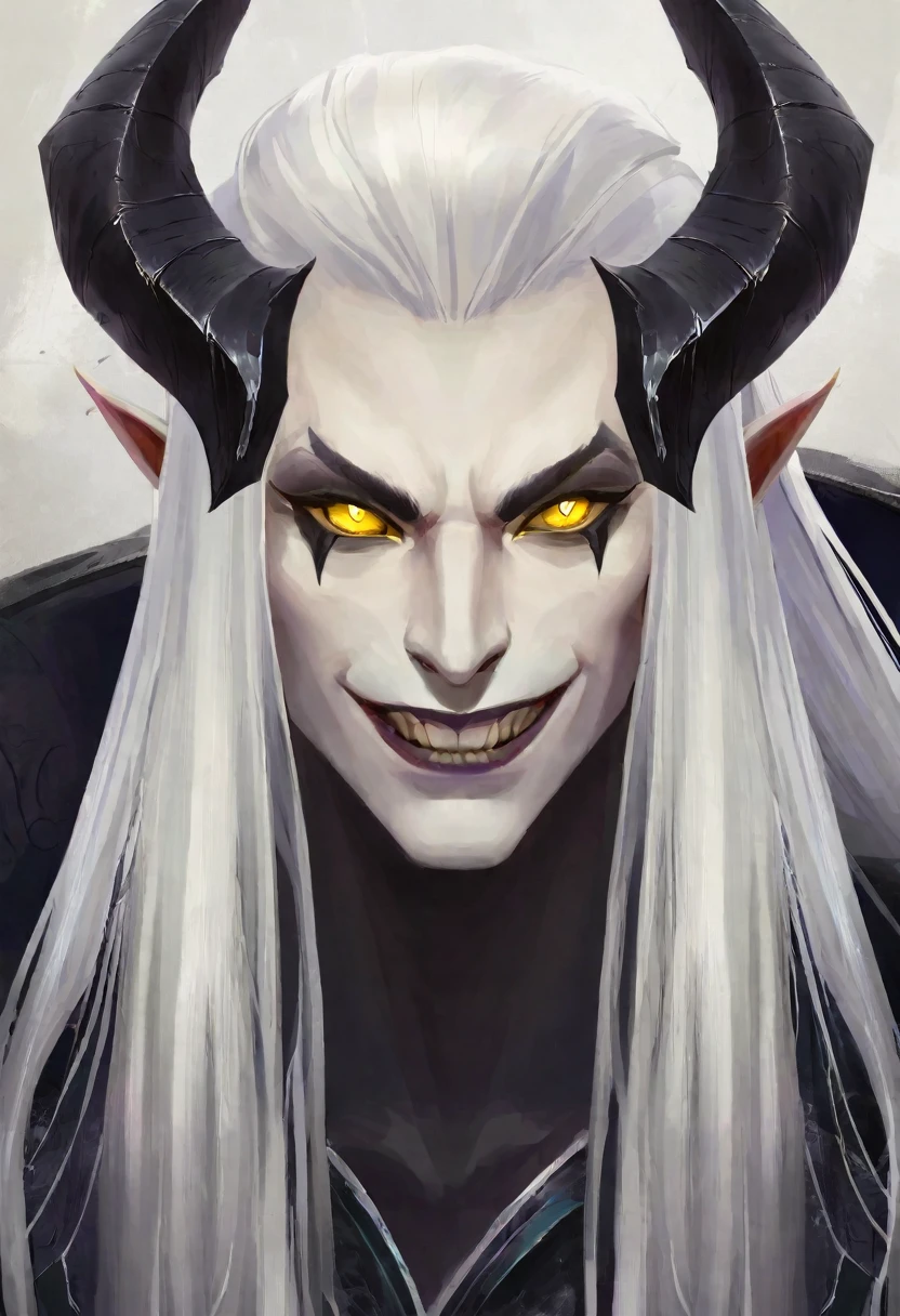 pale skin demon, with horns on his forehead. Strong yellow eyes. Long white hair. With a malicious smile. Black sorcerer&#39;s tunic with gold trim. A magical collar. In the hand a magic staff. The environment is dark with a glow of the moon that illuminates it and an aura of evil emanates from his back..