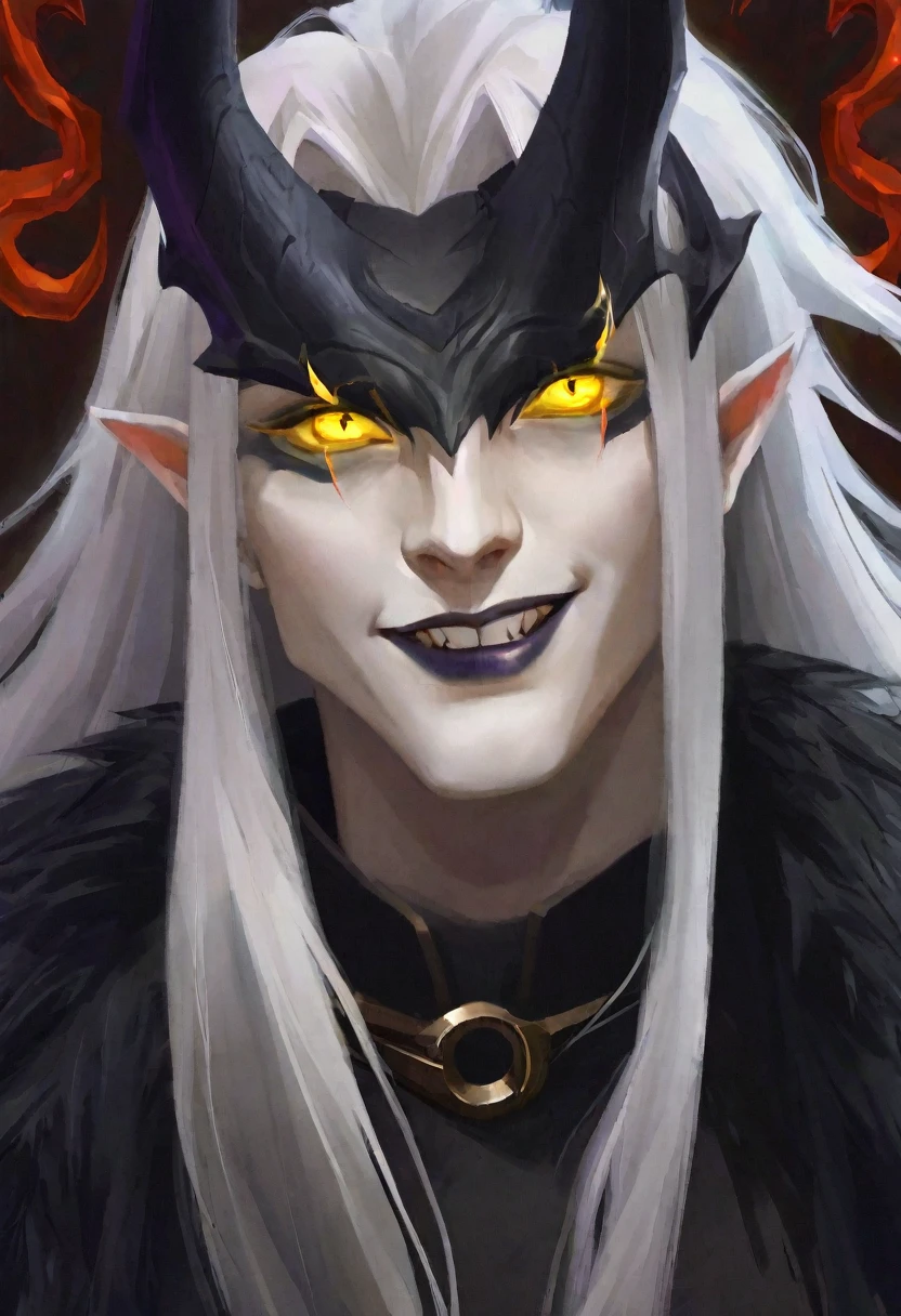 pale skin demon, with horns on his forehead. Strong yellow eyes. Long white hair. With a malicious smile. Black sorcerer&#39;s tunic with gold trim. A magical collar. In the hand a magic staff. The environment is dark with a glow of the moon that illuminates it and an aura of evil emanates from his back..