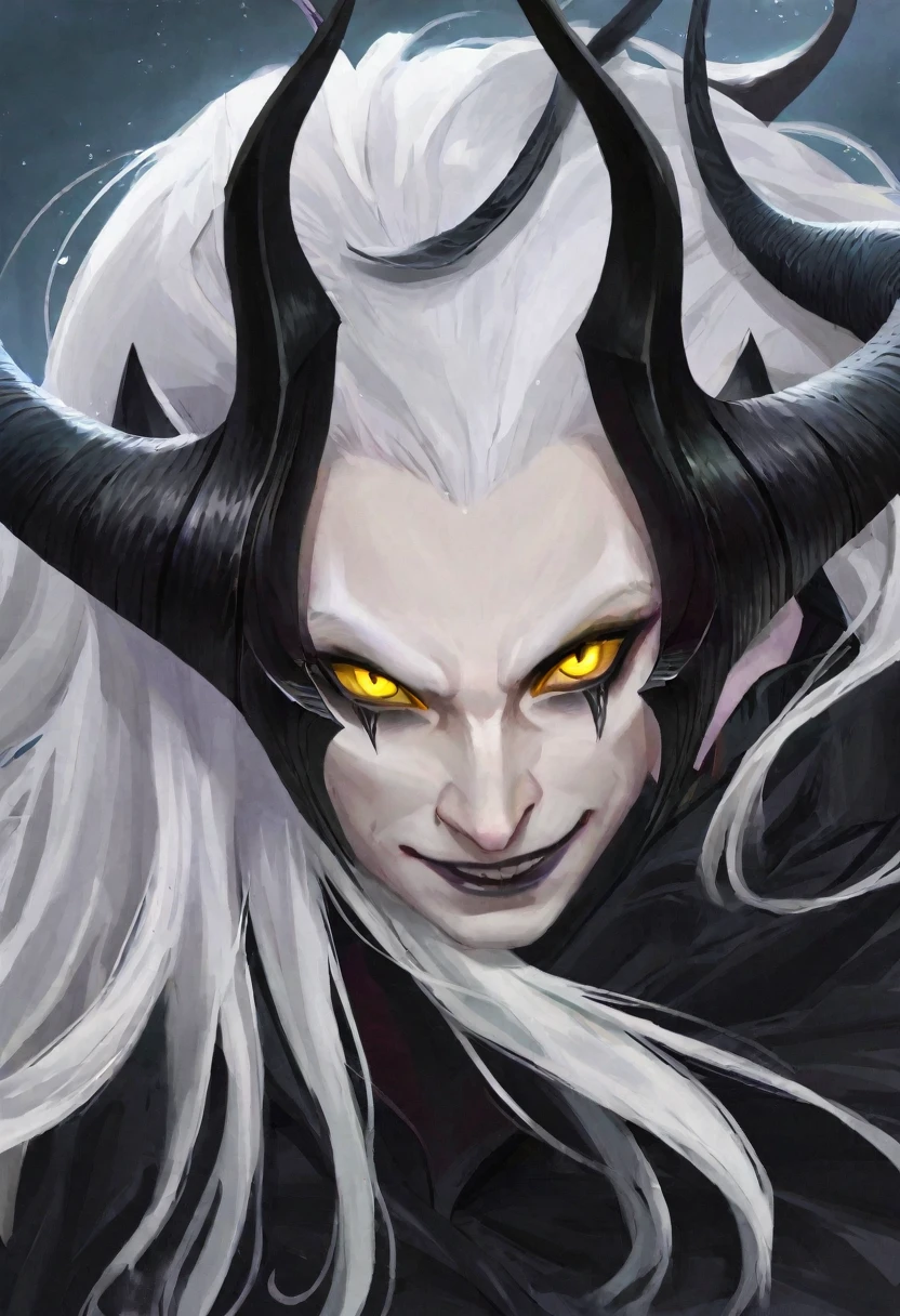 pale skin demon, with horns on his forehead. Strong yellow eyes. Long white hair. With a malicious smile. Black sorcerer's tunic with gold trim. A magical collar. In the hand a magic staff. The environment is dark with a glow of the moon that illuminates it and an aura of evil emanates from his back..