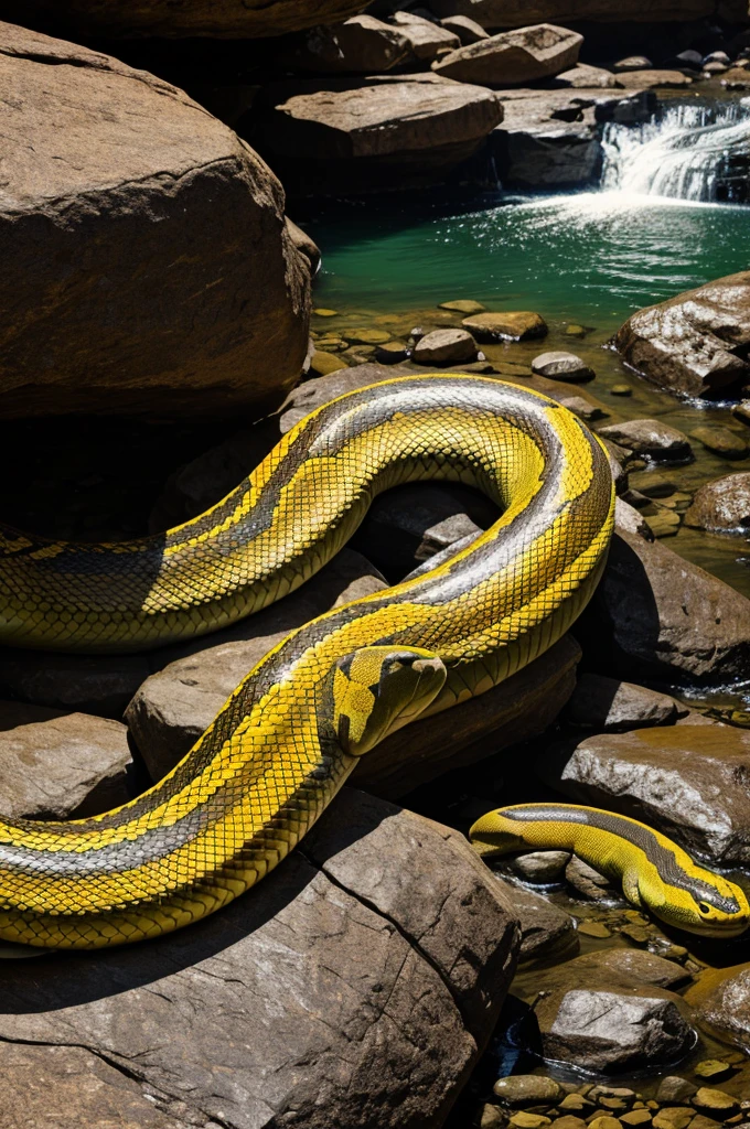 Giant brightly colored anaconda on the rocks of a waterfall