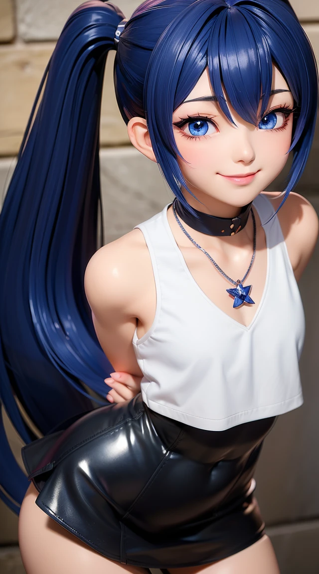 (masterpiece:1.3), (Best Quality:1.3), (Ultra-detailed:1.2), ((kawaii)), Cute, (lovely), ((sexy)), ((Extremely detailed)), 4K, (8K), Best Quality, (Beautiful), Illustration, anime style, (bold line:1.2), Gradation, looking at viewer, //, (bent down:1.1), (arms behind back), //, a cute girl, 1girl, (solo:1.2), gleaming skin, //, (flat chested), (Perfect eyes:1.2), (Perfect iris:1.2), //, darkblue hair color, (beautiful eyes) //, (half closed eyes:1.3), (sexual expression:1.2), Fascinated expression, smile, (blush:1.2), //, modern city background, on rock, twin tails, muscle girl, hard abs, exposed abs, NECKLACE, tight blouse, skirt