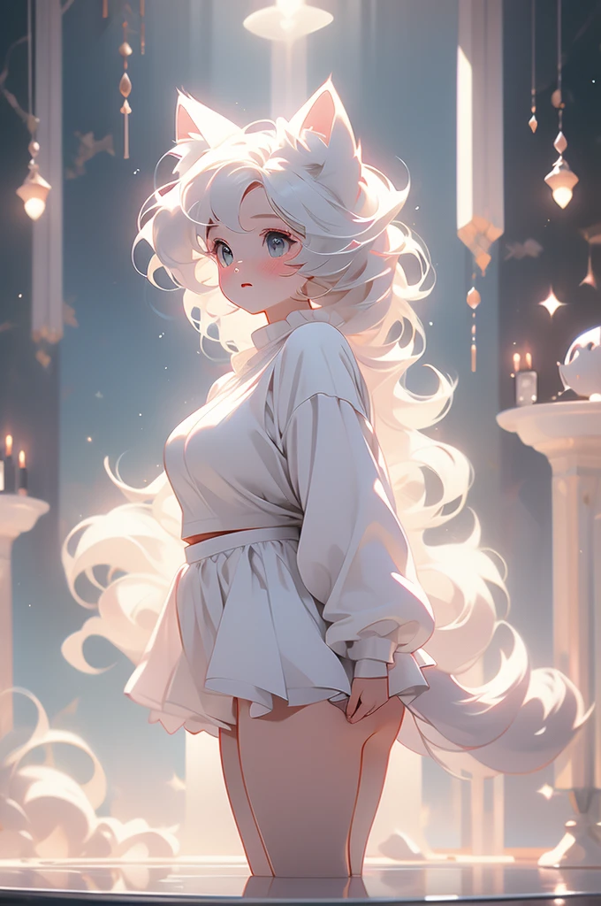 1girl, short white hair, ethereal, white ears, looking up, shy, timid, plump curves, miniskirt, bikini, cat ears, cat tail