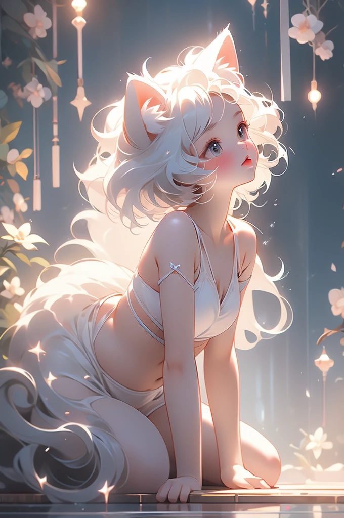 1girl, short white hair, ethereal, white ears, looking up, shy, timid, plump curves, miniskirt, bikini, cat ears, cat tail