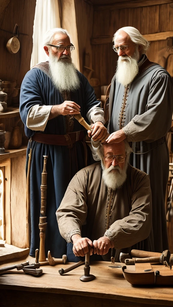 Local: Interior of a medieval doctor's office, with natural light coming in through a small window. The furniture is rustic and simple, composed of a wooden table, some chairs and shelves with books and medical instruments.
Doctor: a middle aged man, with beard and gray hair. Wear a dark tunic. He is next to the wooden table, with his face scrunched up in concentration. In the right hand, he holds a tool that resembles a hand drill.