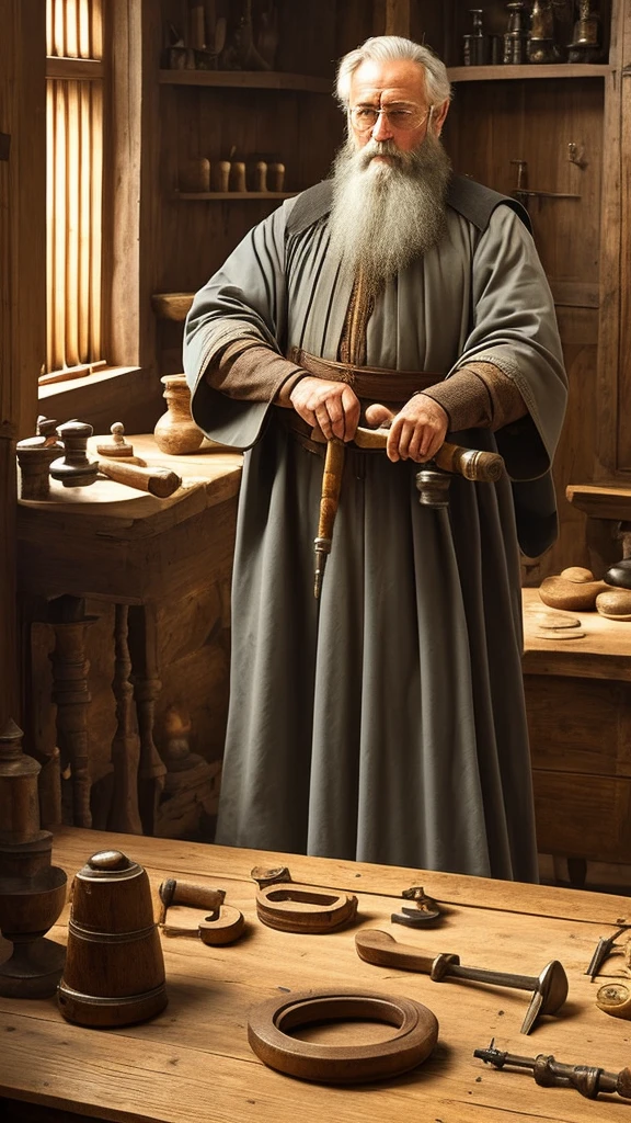 Local: Interior of a medieval doctor&#39;s office, with natural light coming in through a small window. The furniture is rustic and simple, composed of a wooden table, some chairs and shelves with books and medical instruments.
Doctor: a middle aged man, with beard and gray hair. Wear a dark tunic. He is next to the wooden table, with his face scrunched up in concentration. In the right hand, he holds a tool that resembles a hand drill.
