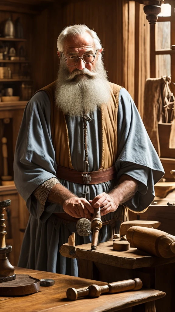 Local: Interior of a medieval doctor&#39;s office, with natural light coming in through a small window. The furniture is rustic and simple, composed of a wooden table, some chairs and shelves with books and medical instruments.
Doctor: a middle aged man, with beard and gray hair. Wear a dark tunic. He is next to the wooden table, with his face scrunched up in concentration. In the right hand, he holds a tool that resembles a hand drill.
