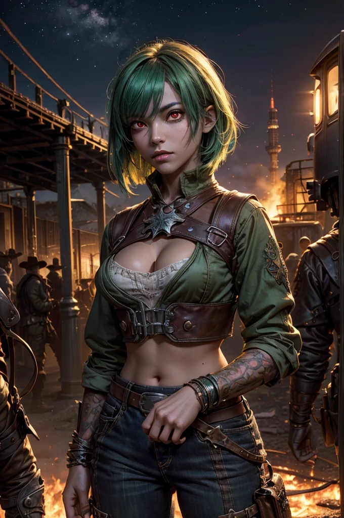 emeraldsustrai, emerald sustrai, short hair, (red eyes:1.5), (green hair), dark skin, dark-skinned female, navel, cleavage, midriff, belt, cleavage cutout, chaps, night, moon, stars, sitting, ((broken suspension bridge, near old steam train)), post-apocalypse, dystopian future, crowd, (crowd in military uniforms), bonfires, (volumetric lighting), intricate details, tonemapping, sharp focus, hyper detailed, (cowboy shot:1.5), BREAK (masterpiece:1.2), best quality, high resolution, unity 8k wallpaper, (illustration:0.8), (beautiful detailed eyes:1.6), extremely detailed face, perfect lighting, extremely detailed CG, (perfect hands, perfect anatomy),