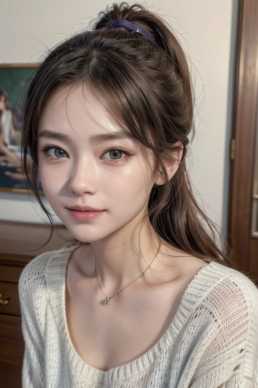 (work of art:1.3), (8K, photorrealistic, CRU photo, best quality image: 1.4), (photo of short everything) Japanese 、(Ponytail hair:1.2)、neckleace:1.2、super detailed face、Attention to the details、double eyelid、Bring your chest together、sharp focus:1.2、Beautiful woman:1.4、Bblack hair、highest quallity、work of art、Super high resolution、(photorrealistic:1.4)、Highly detailed and professionally illuminated smile、Loose, light knitwear、Shoulder out、fine tune、serious expression、shorth hair、Deadly position,