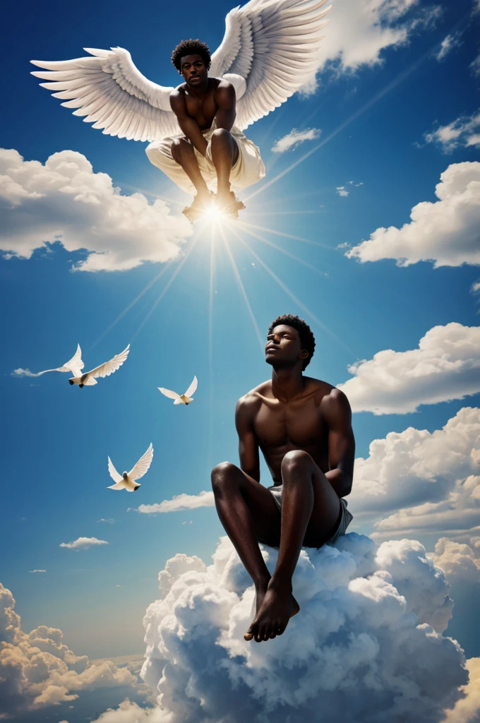 Dark-skinned young man, Sitting on a cloud, in heaven with doves and angels