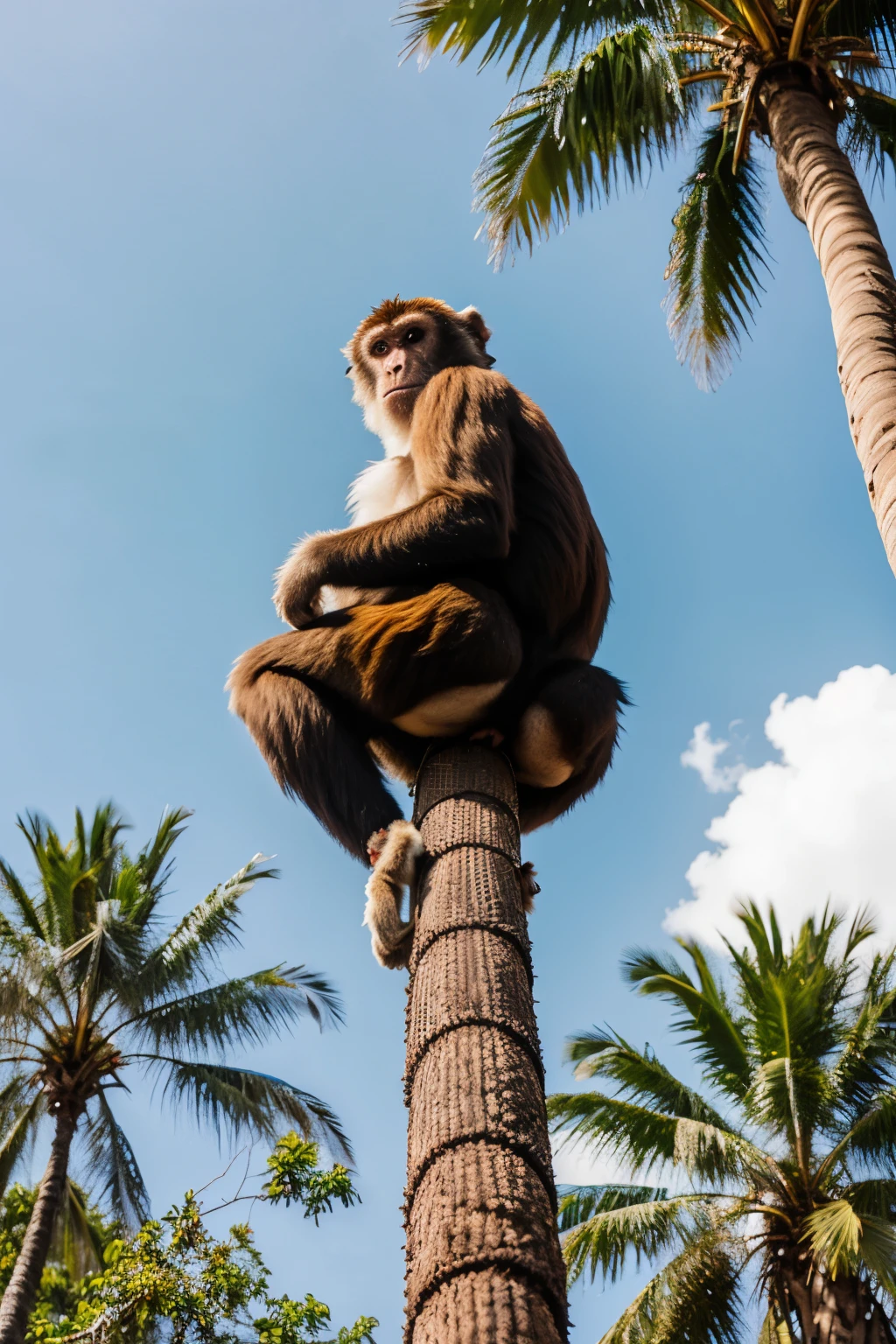 High quality photography of a monkey climbing to the top of a palm tree, showing her huge butt.