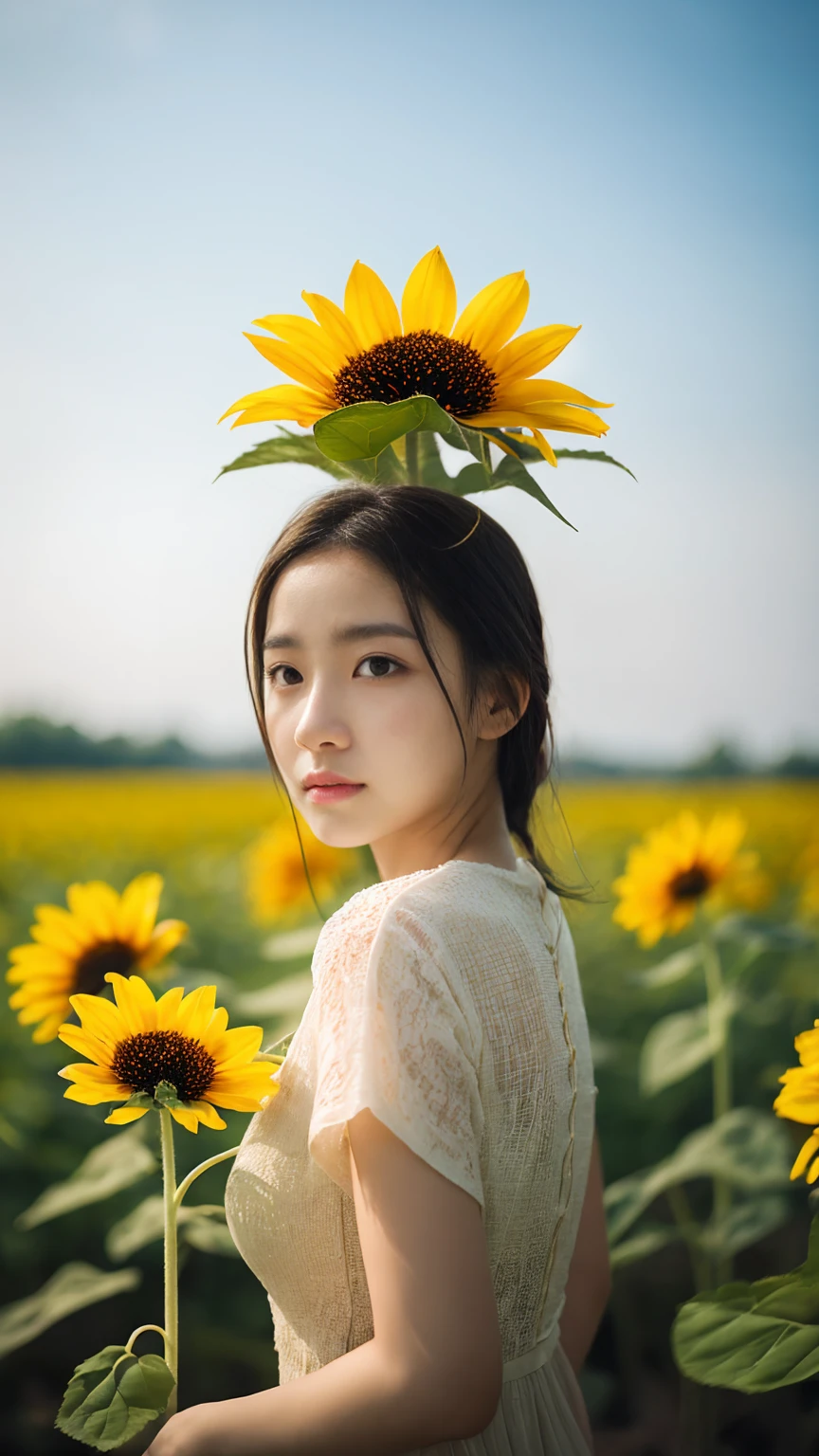 ((Tall sunflower field))、Beauty、See-through dress、The wind is blowing,masterpiece,best quality,ultra detailed,highres,high-resolution,4K,realistic,RAW photo,((real person)),portrait photography,photorealistic,detailed skin,(delicate black eyes ), A soothing woman with sagging eyes,Calm and calm, middle hair,skinny,clothing,The wind is blowing,tareme、